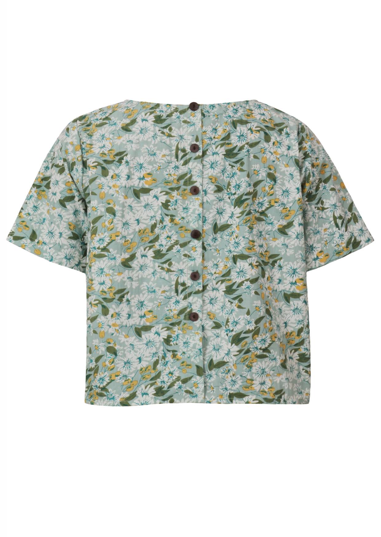 Back view of pale sage green based daisy floral print cotton relaxed fit short sleeved top with decorative buttons through the centre back