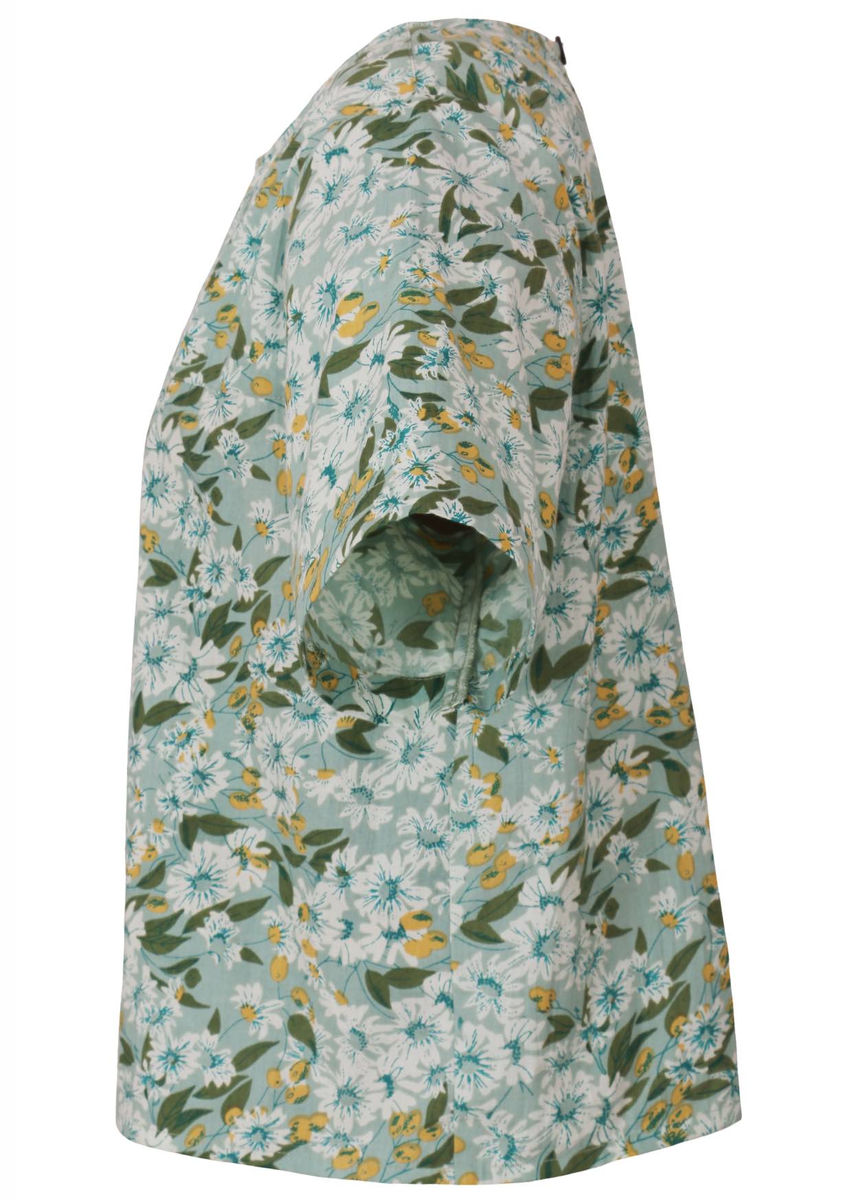 Side view of pale sage green based daisy floral print cotton relaxed fit short sleeved top with round neckline