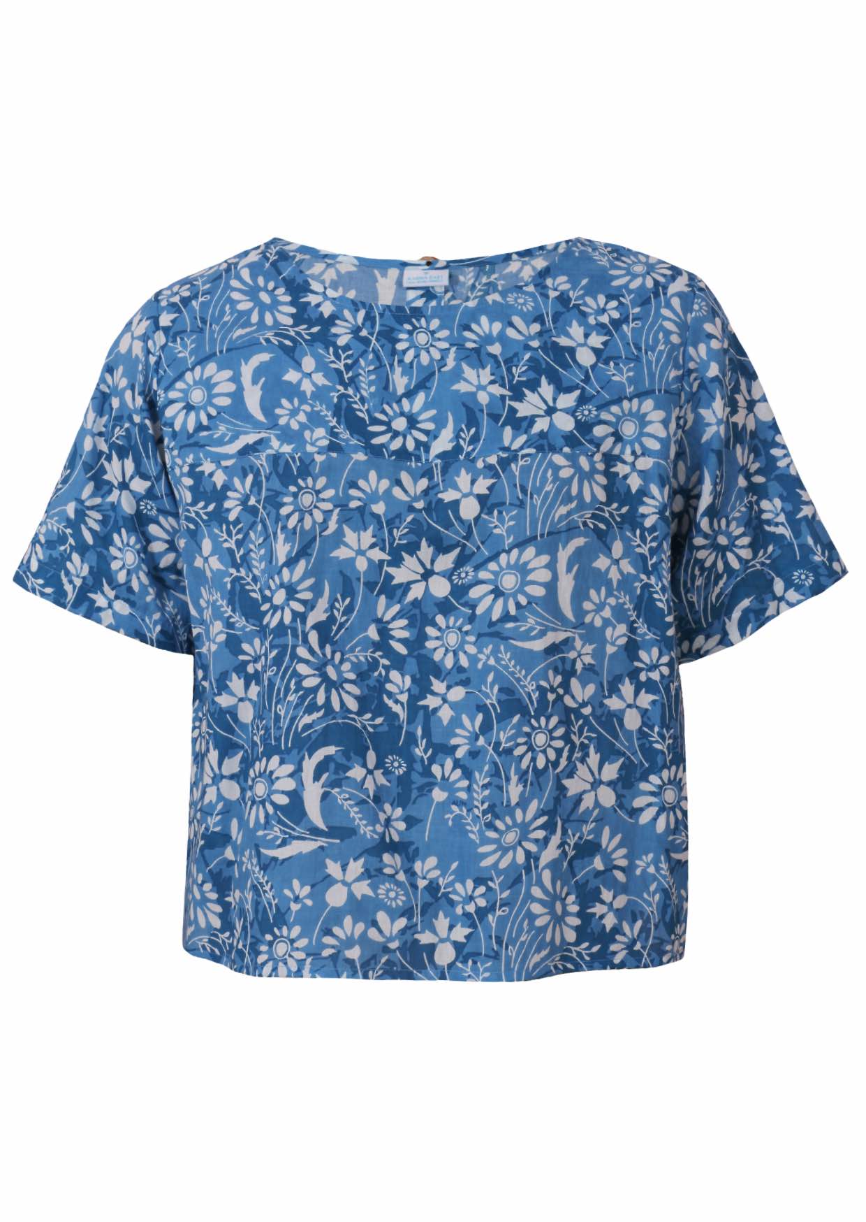 100% cotton blue floral blouse front view