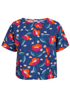 Royal blue based floral print cotton relaxed fit short sleeved top with round neckline
