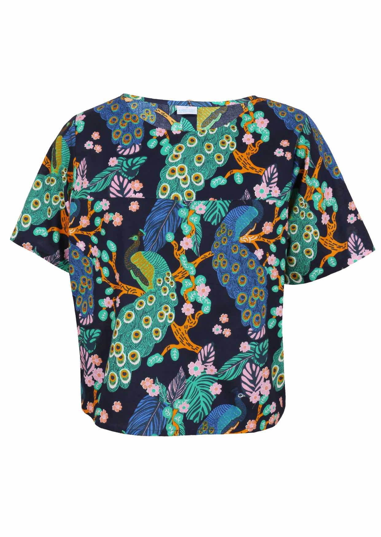 Navy blue based floral print cotton relaxed fit short sleeved top with round neckline