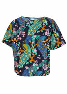 Navy blue based floral print cotton relaxed fit short sleeved top with round neckline