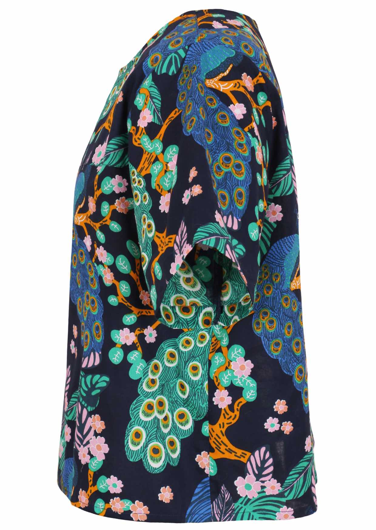 Side view of navy blue based floral print cotton relaxed fit short sleeved top with round neckline