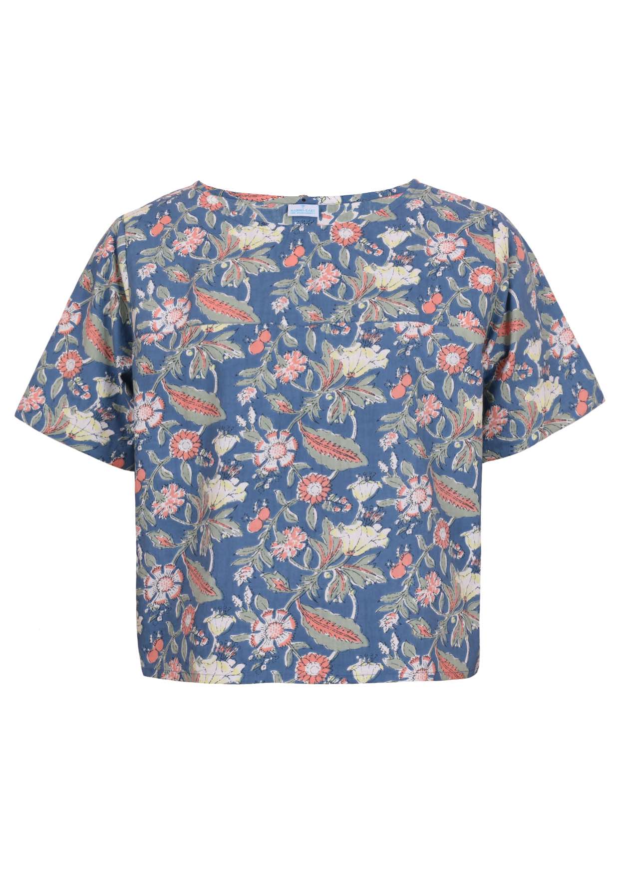Dusty blue based floral print cotton relaxed fit top with short sleeves