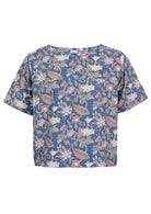 Dusty blue based floral print cotton relaxed fit top with short sleeves