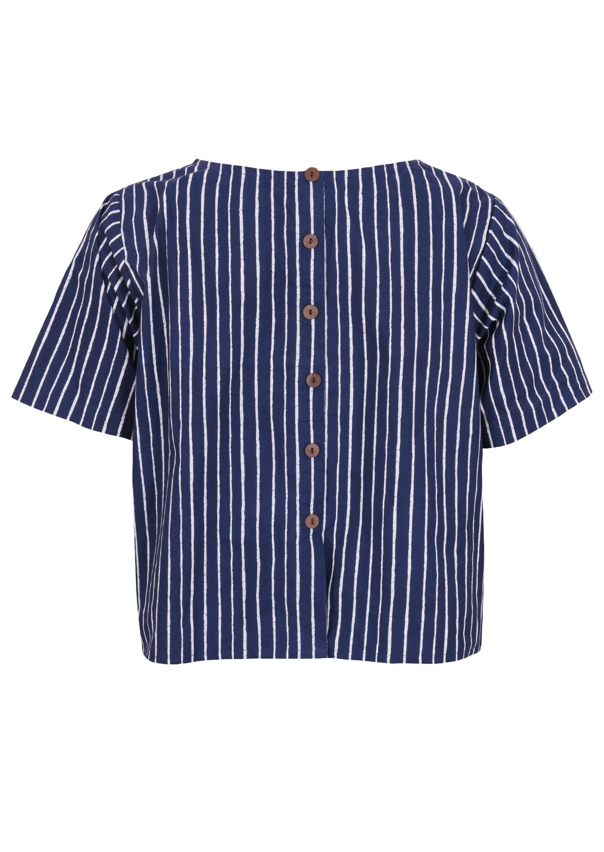 Back view of navy blue based print with white stripes cotton relaxed fit short sleeved top with round neckline