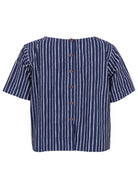 Back view of navy blue based print with white stripes cotton relaxed fit short sleeved top with round neckline