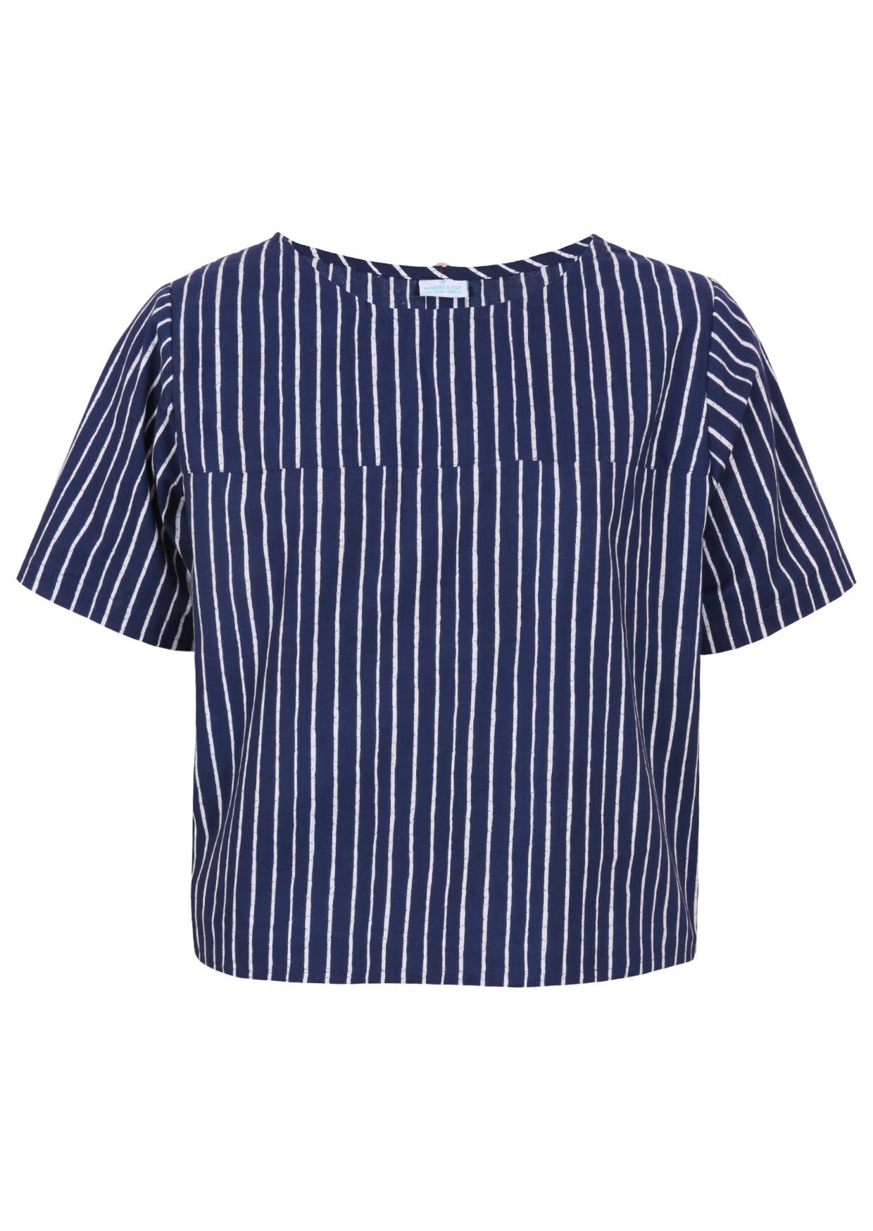 Navy blue based print with white stripes cotton relaxed fit short sleeved top with round neckline