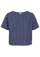 Navy blue based print with white stripes cotton relaxed fit short sleeved top with round neckline