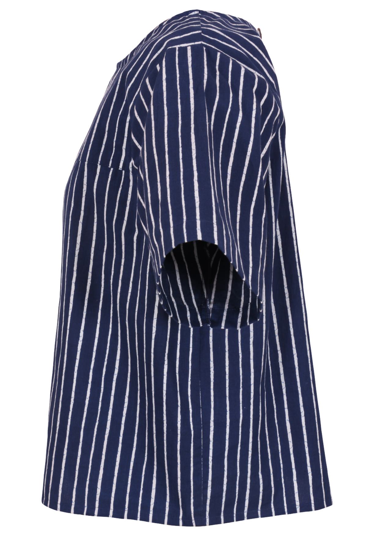 Side view of navy blue based print with white stripes cotton relaxed fit short sleeved top with round neckline