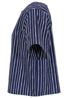 Side view of navy blue based print with white stripes cotton relaxed fit short sleeved top with round neckline
