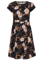 Cotton cap sleeved dress in floral print on a black background 