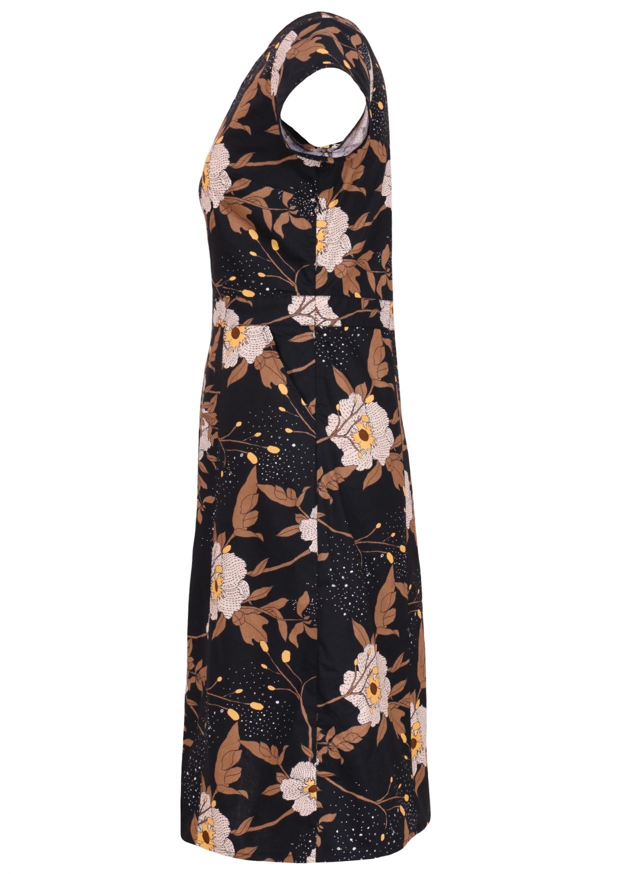 Side view of floral cotton dress with print featuring white blooms, tan foliage, and warm buttercup highlights on a black base.