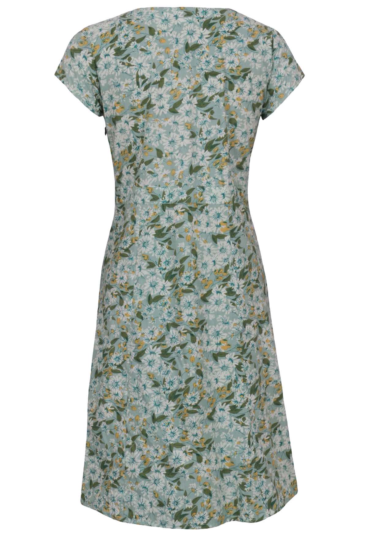 Back view of floral cotton dress with sage green based floral print. 