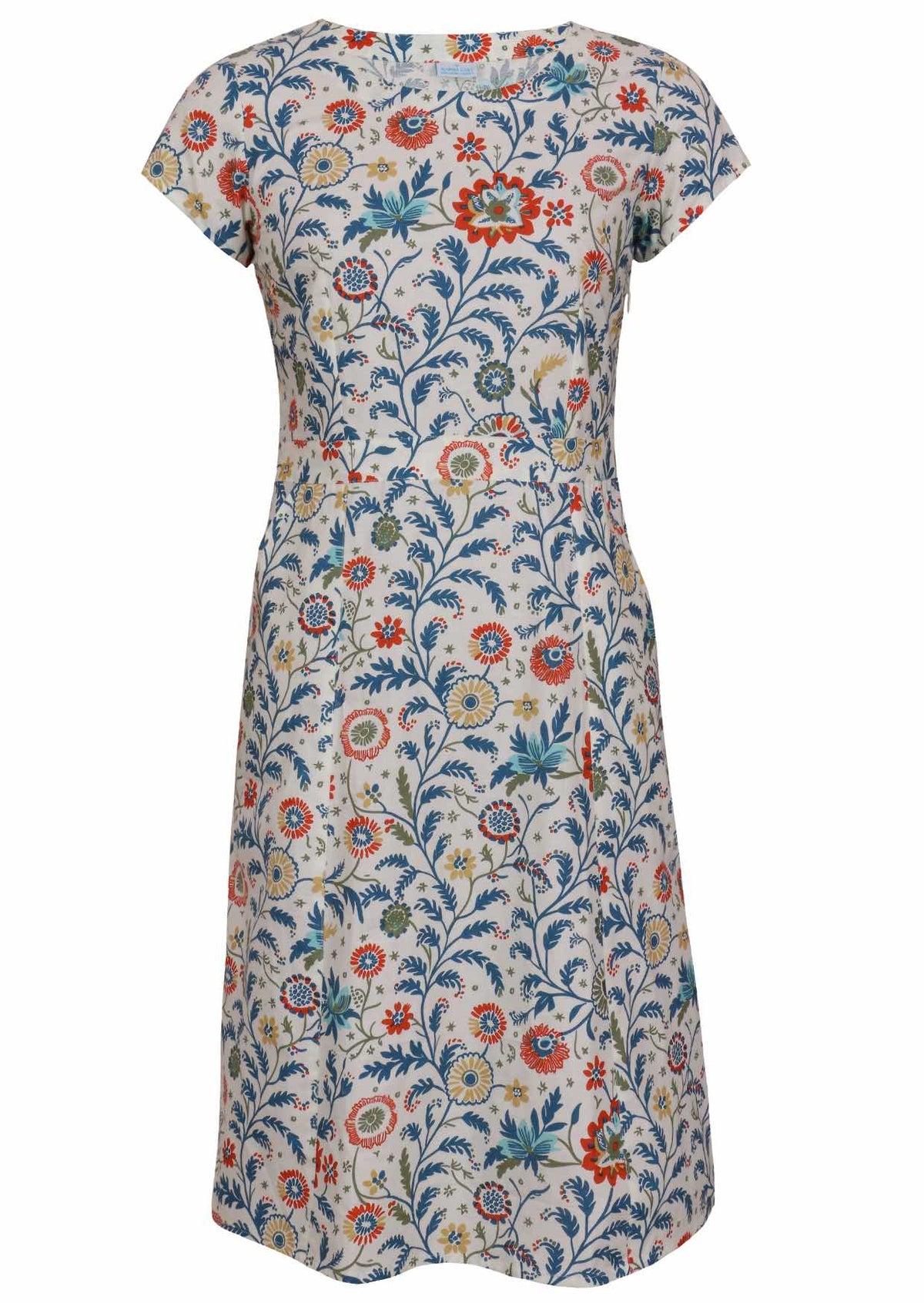 Cotton cap sleeved dress in floral print on a white background 