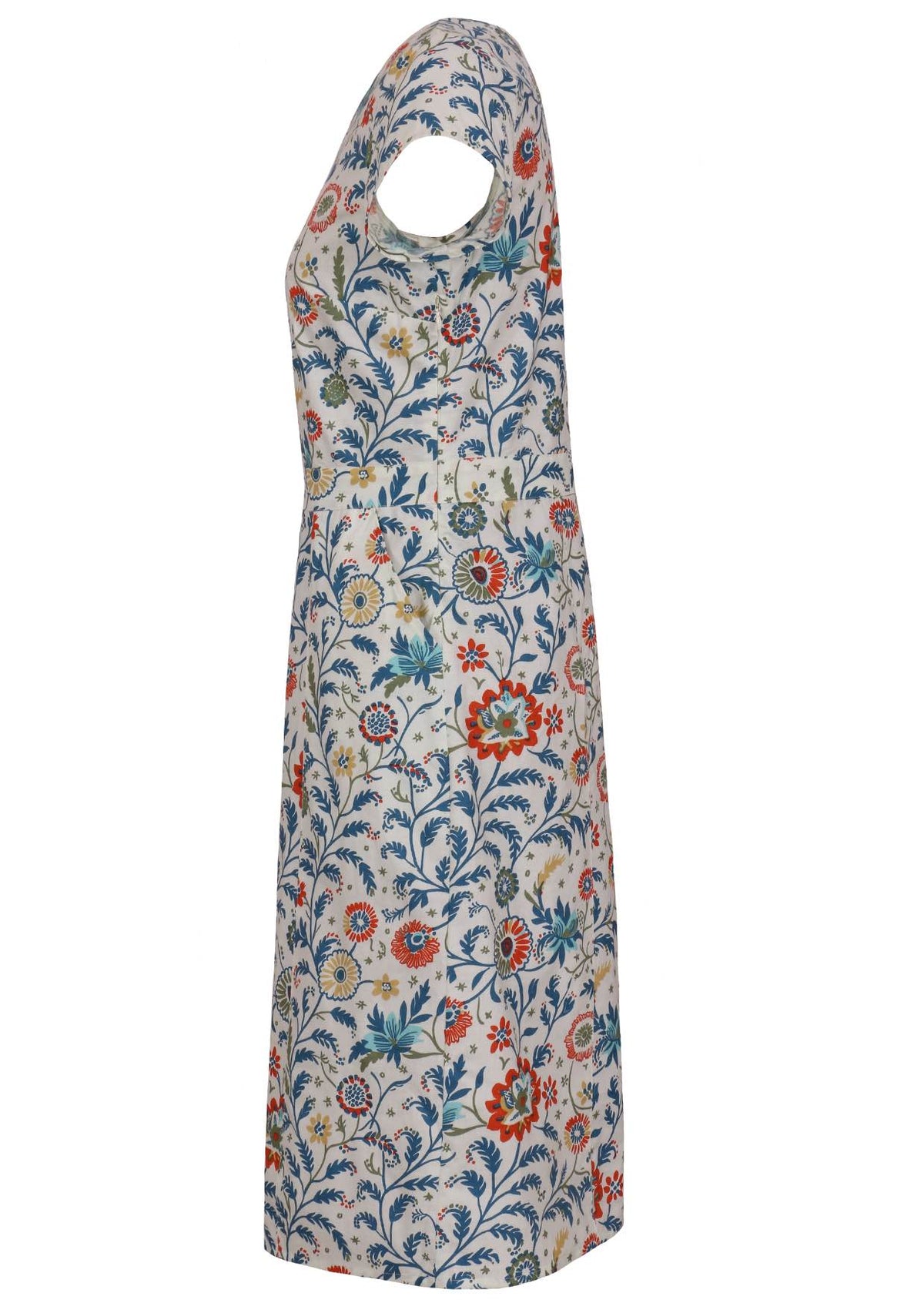 Side view of floral cotton dress with white based floral print.