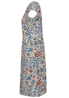 Side view of floral cotton dress with white based floral print.