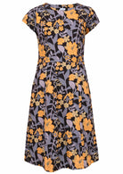 Cotton cap sleeved dress in retro print with yellow and grey flowers on a black background 