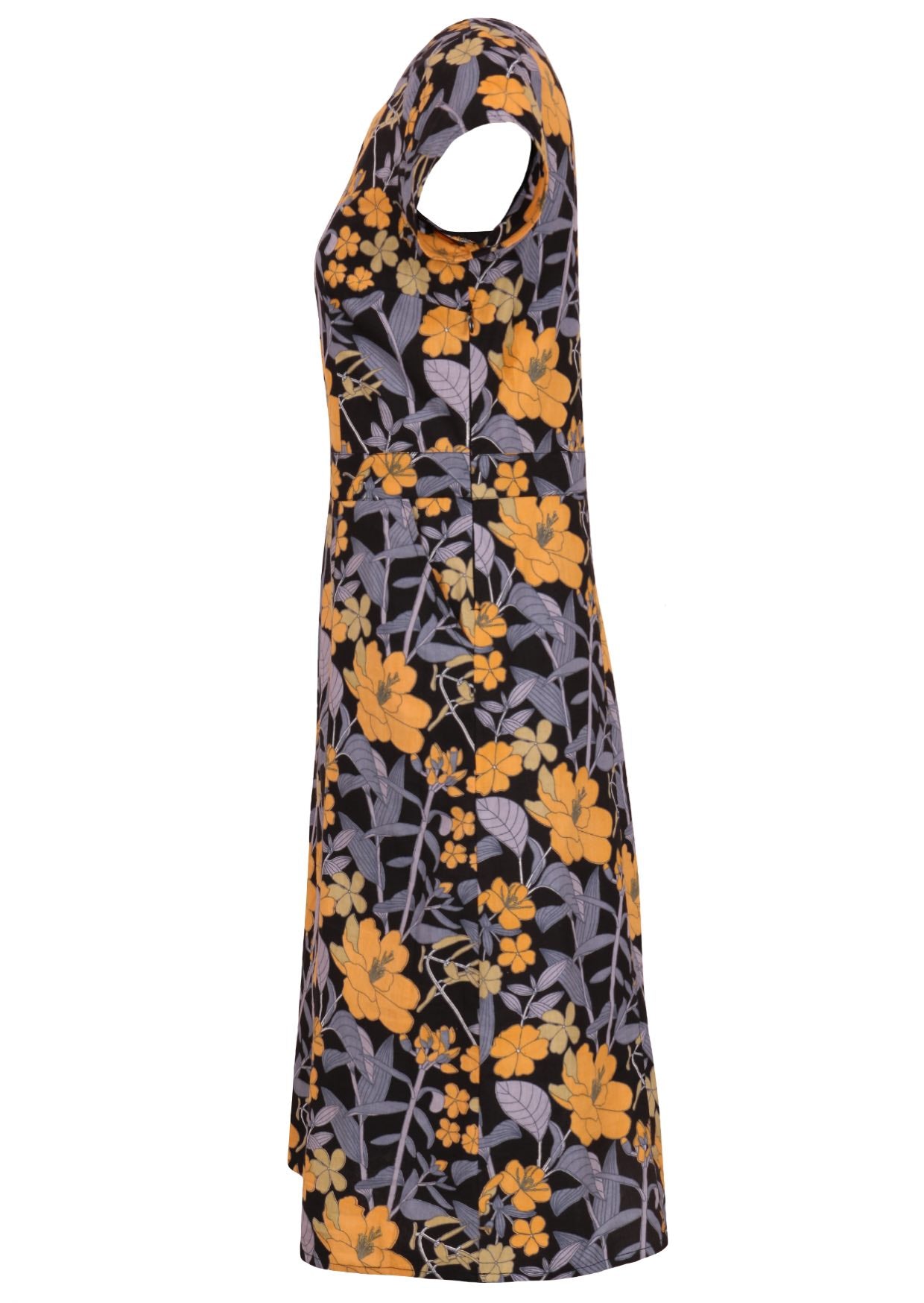 Retro floral cotton dress with yellow and grey flower prints on a black background 