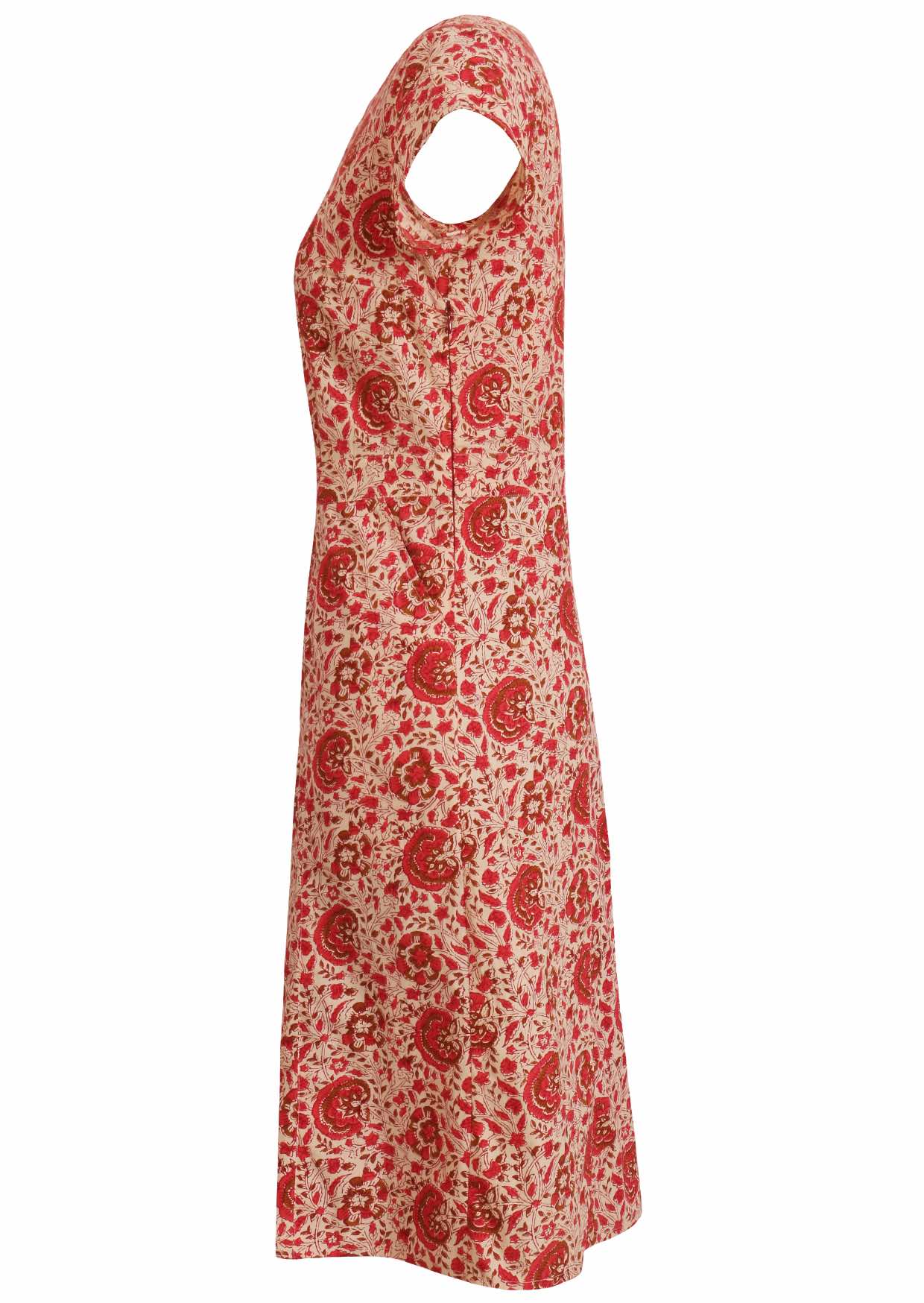 Side view of floral cotton dress with cream based floral print.