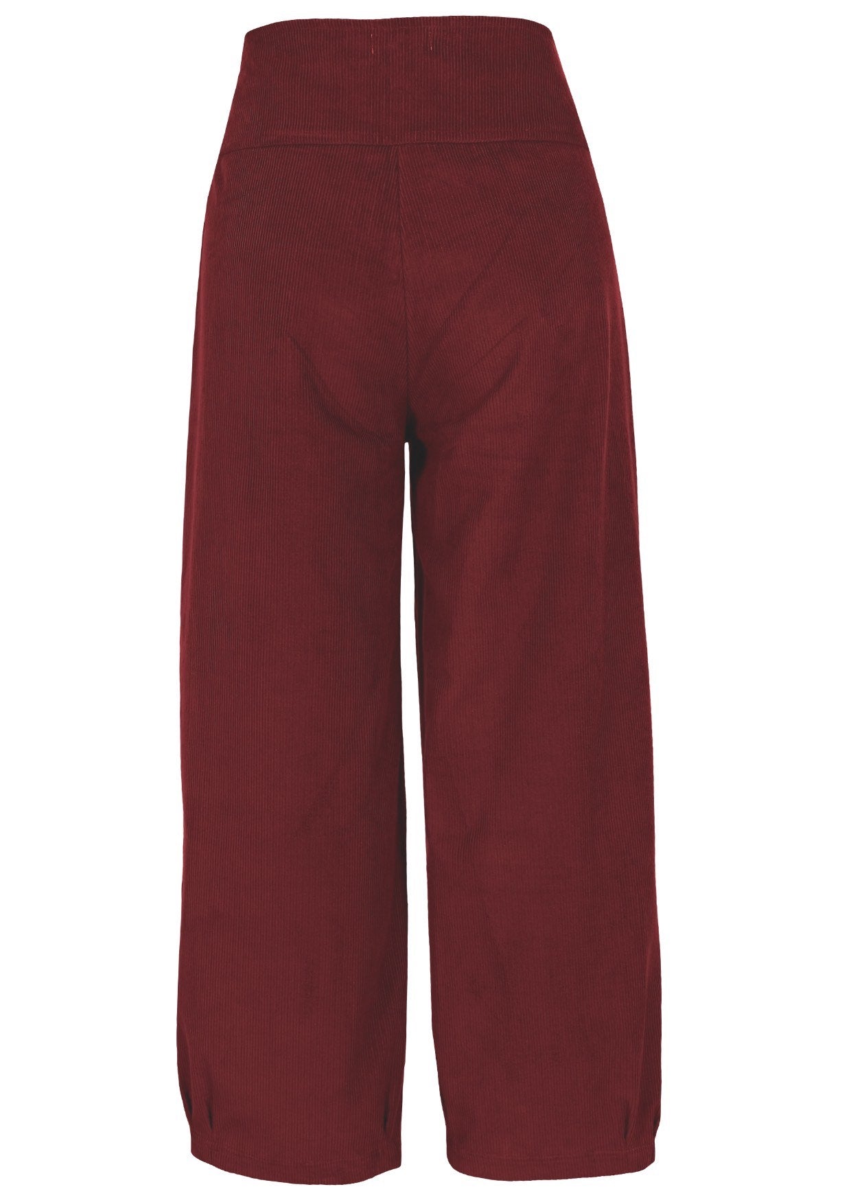 Back view of 100% cotton wide leg cotton corduroy pant in Cabernet with pockets.