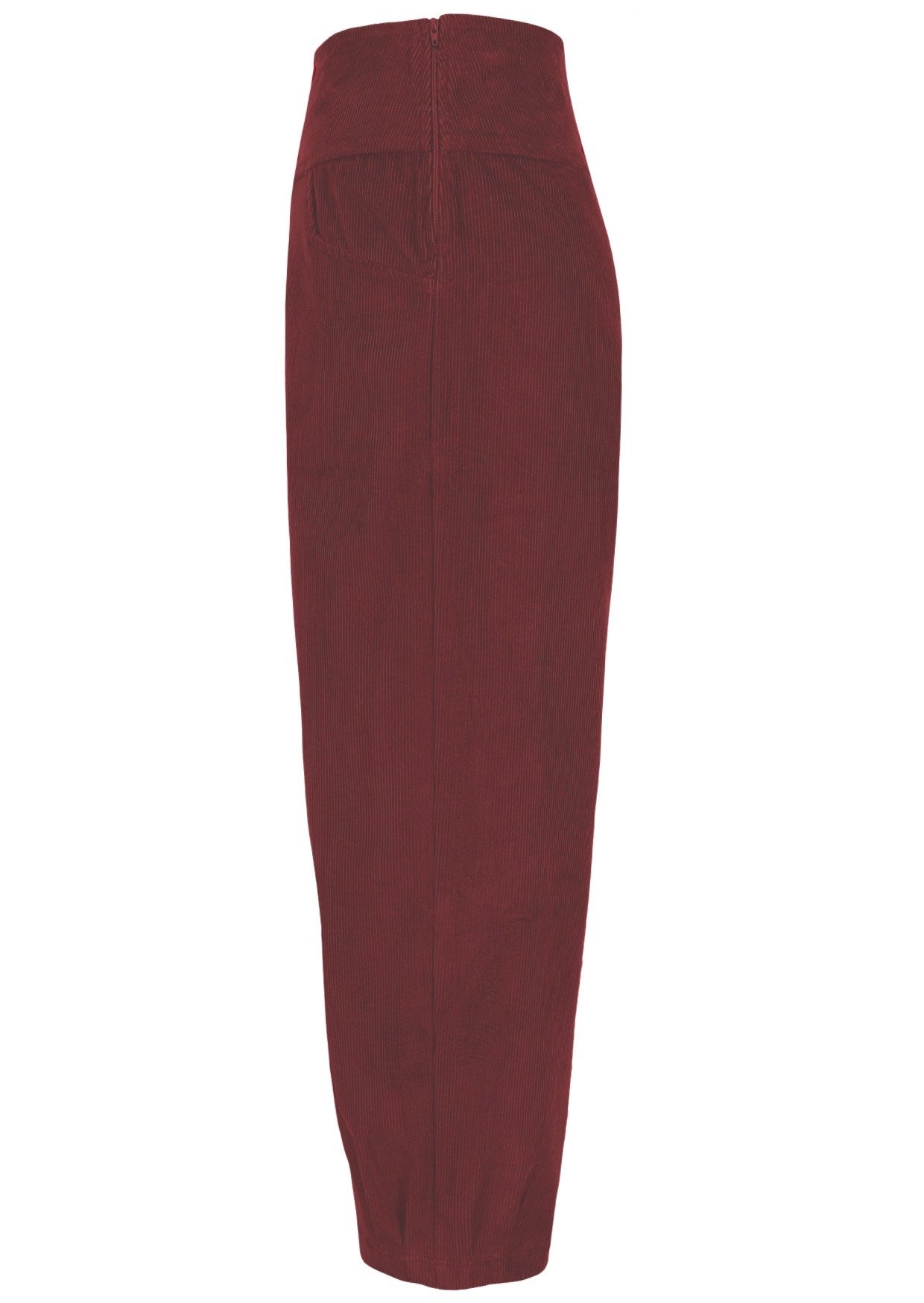 Side view of 100% cotton wide leg cotton corduroy pant in Cabernet with side zip.