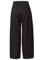 100% cotton relaxed fit pants in black with wide waistband, pockets and side zipper