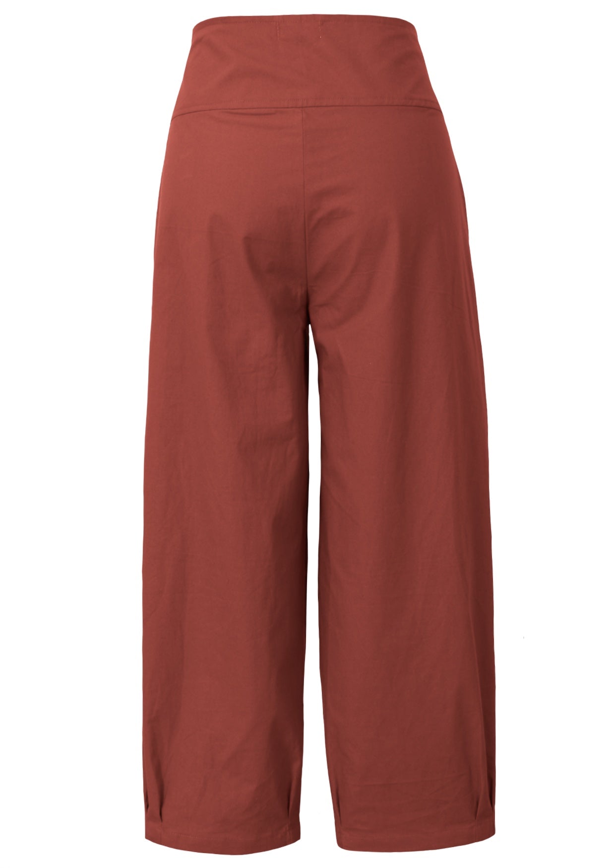 100% cotton Wide leg tapered pants with wide waistband, pockets and pleated ankles 