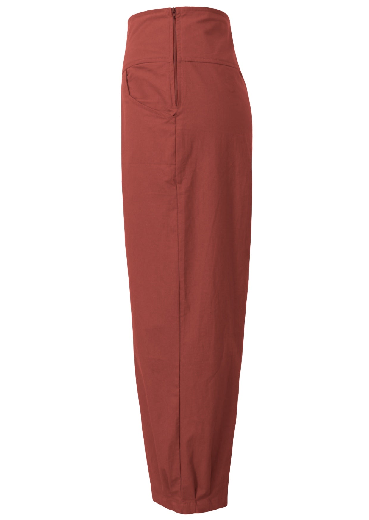 Relaxed fit high waisted cotton pants in rust with pockets and side zipper 