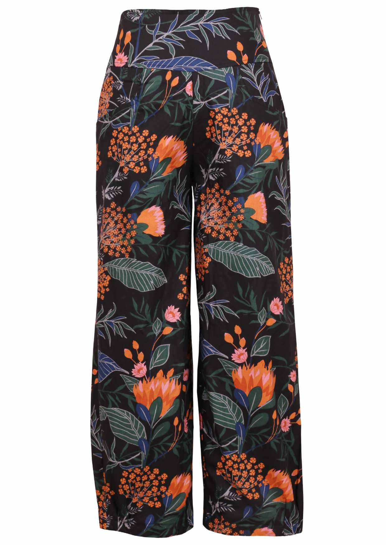 Relaxed fit high waisted wide leg cotton pants with pleated ankles and pockets in black based queen protea print 