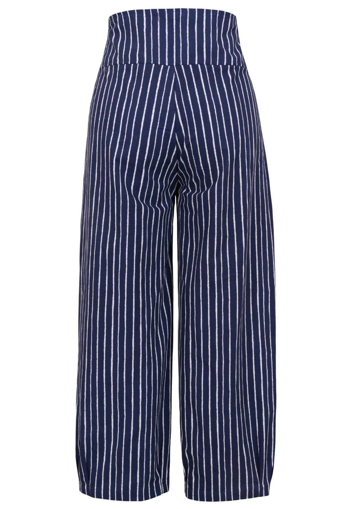 Back view of 100% cotton wide leg cotton pant with navy blue based print with pockets.