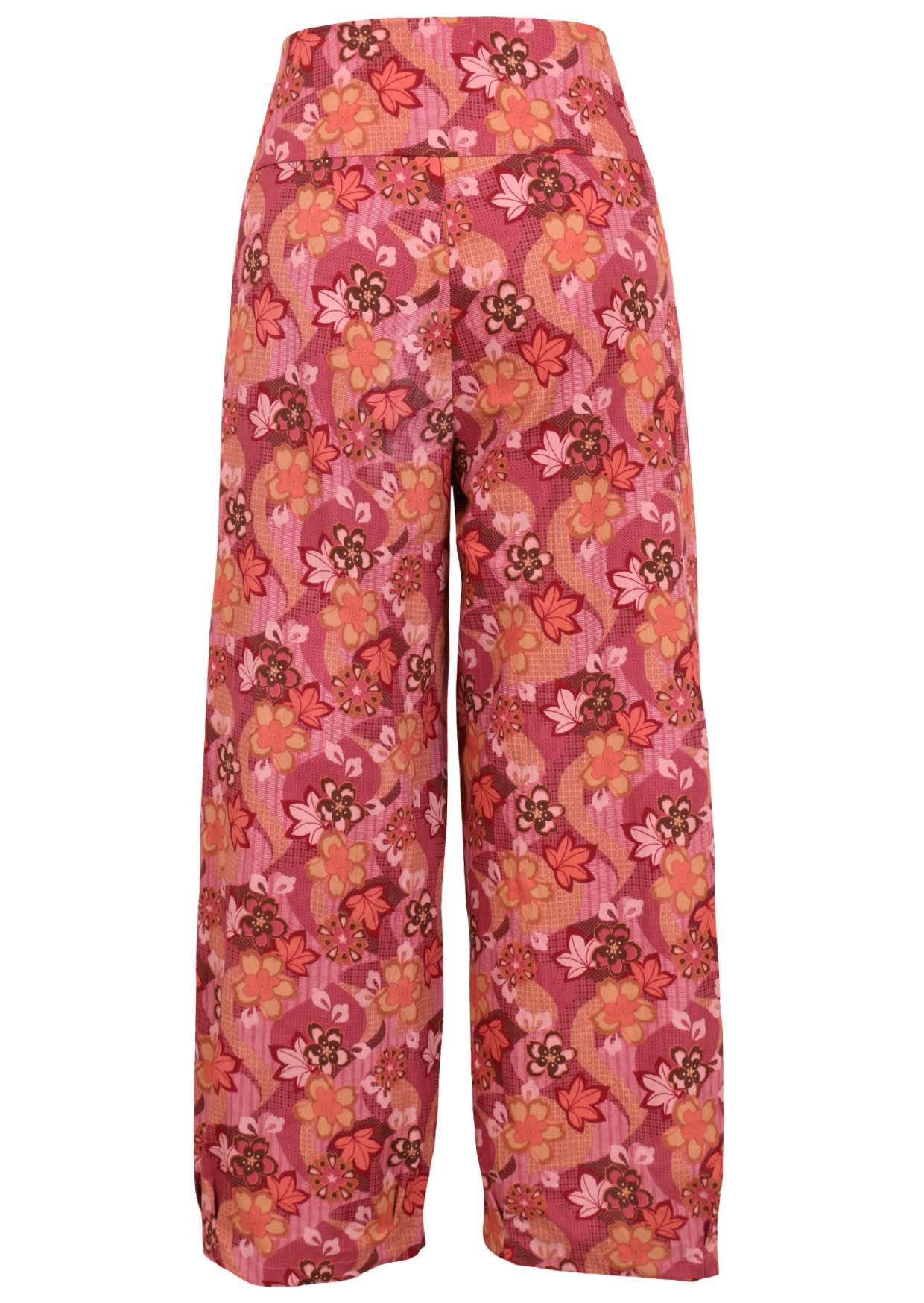 Japanese-style print cotton pant in pink, maroon, brown, peach, and khaki tones with pockets.