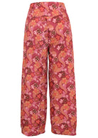 Japanese-style print cotton pant in pink, maroon, brown, peach, and khaki tones with pockets.