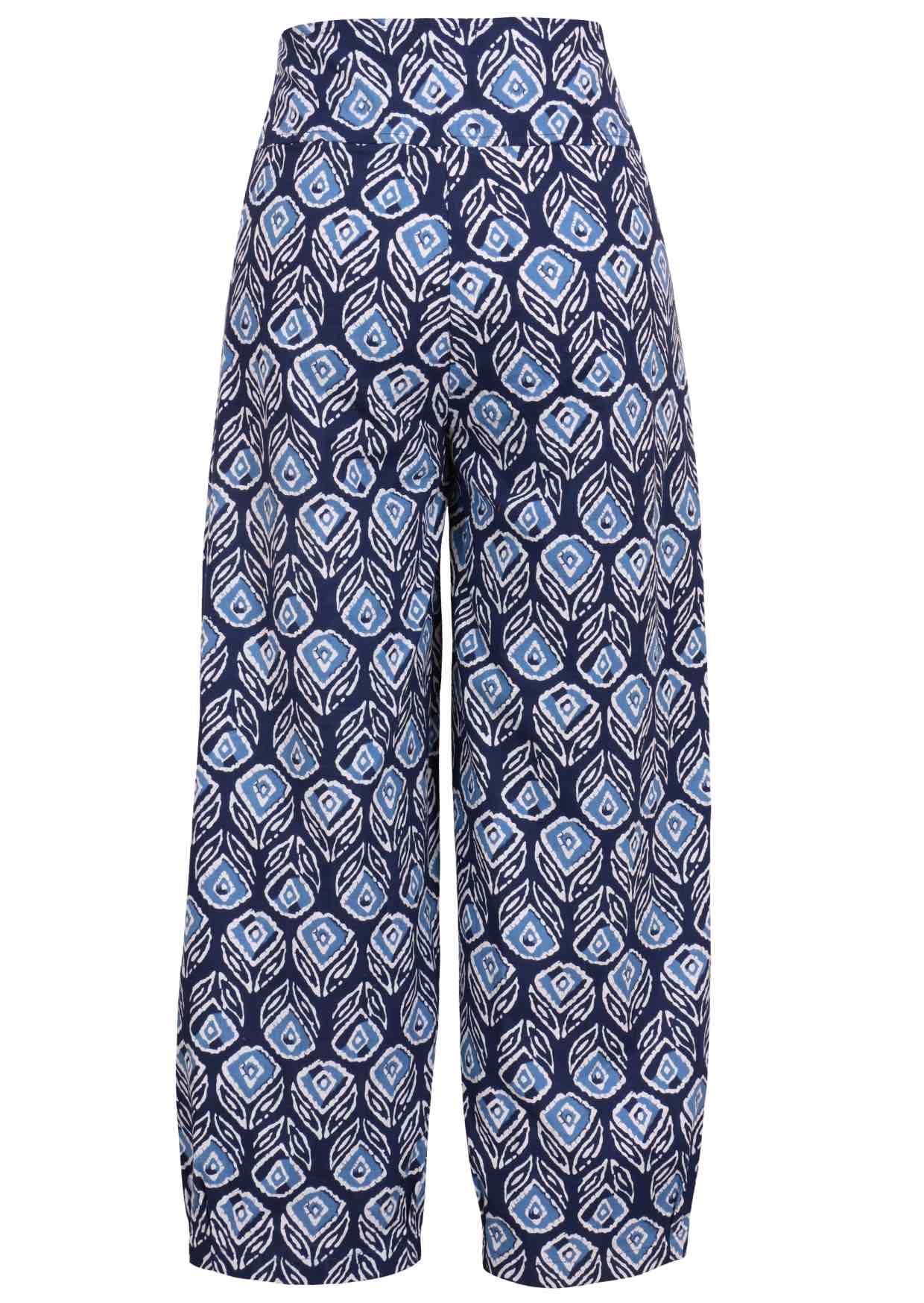 Back view of 100% cotton wide leg cotton pant with navy blue based print with pockets.