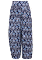 Front view of 100% cotton wide leg cotton pant with navy blue based print