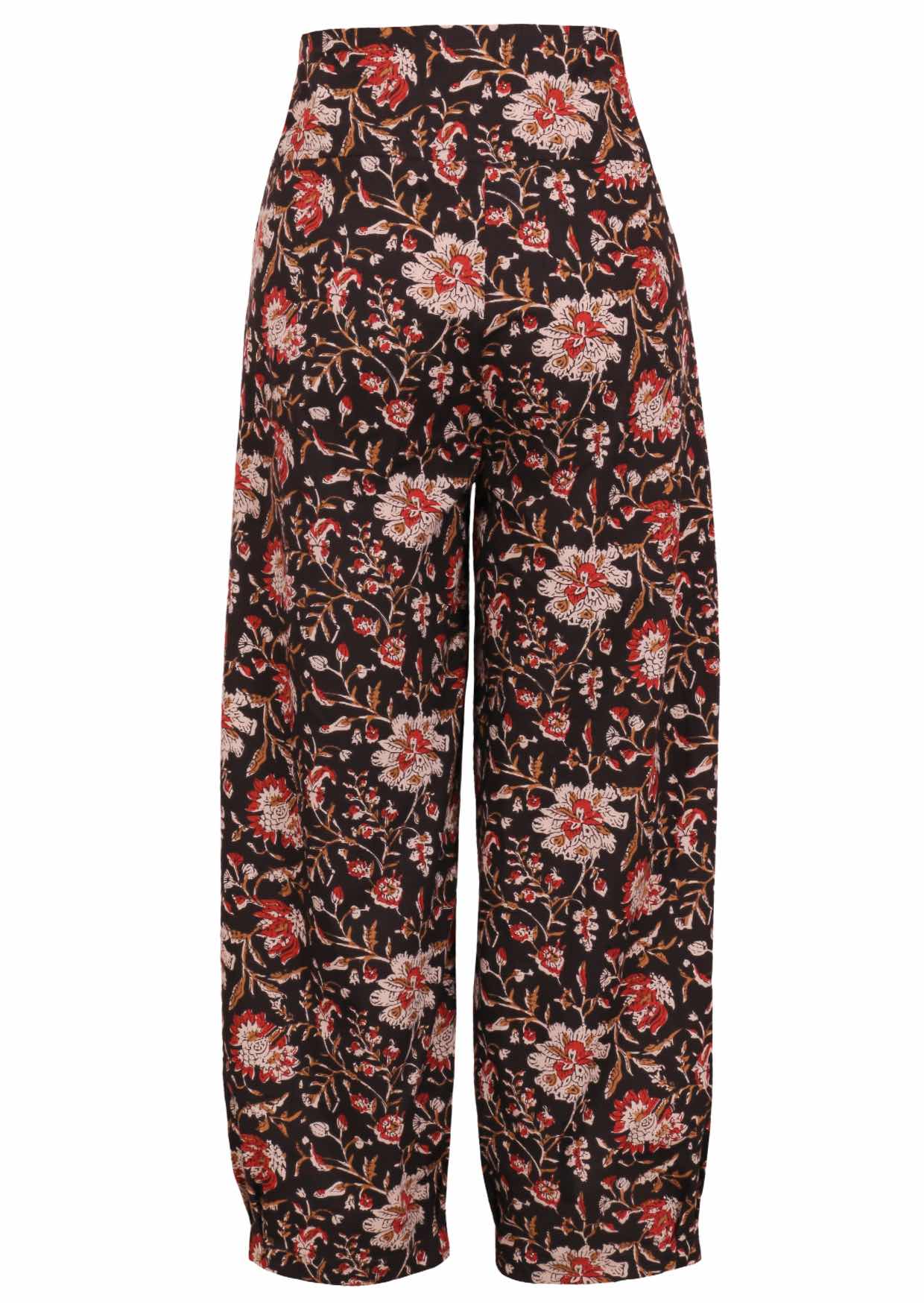 Front view of 100% cotton wide leg cotton pant with black based floral print with pockets.