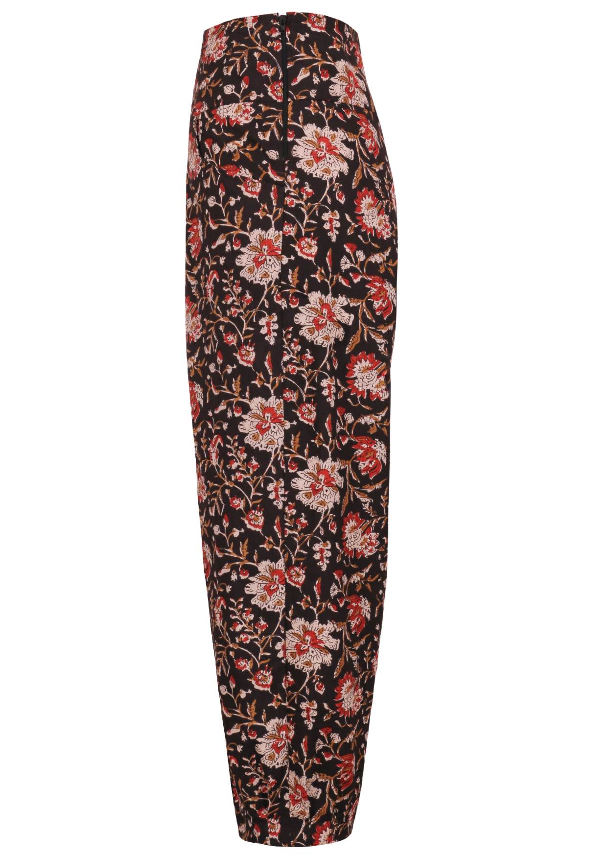 Front view of 100% cotton wide leg cotton pant with black based floral print with side zip.