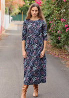 Cotton shin length dress with high round neckline and 3/4 sleeves