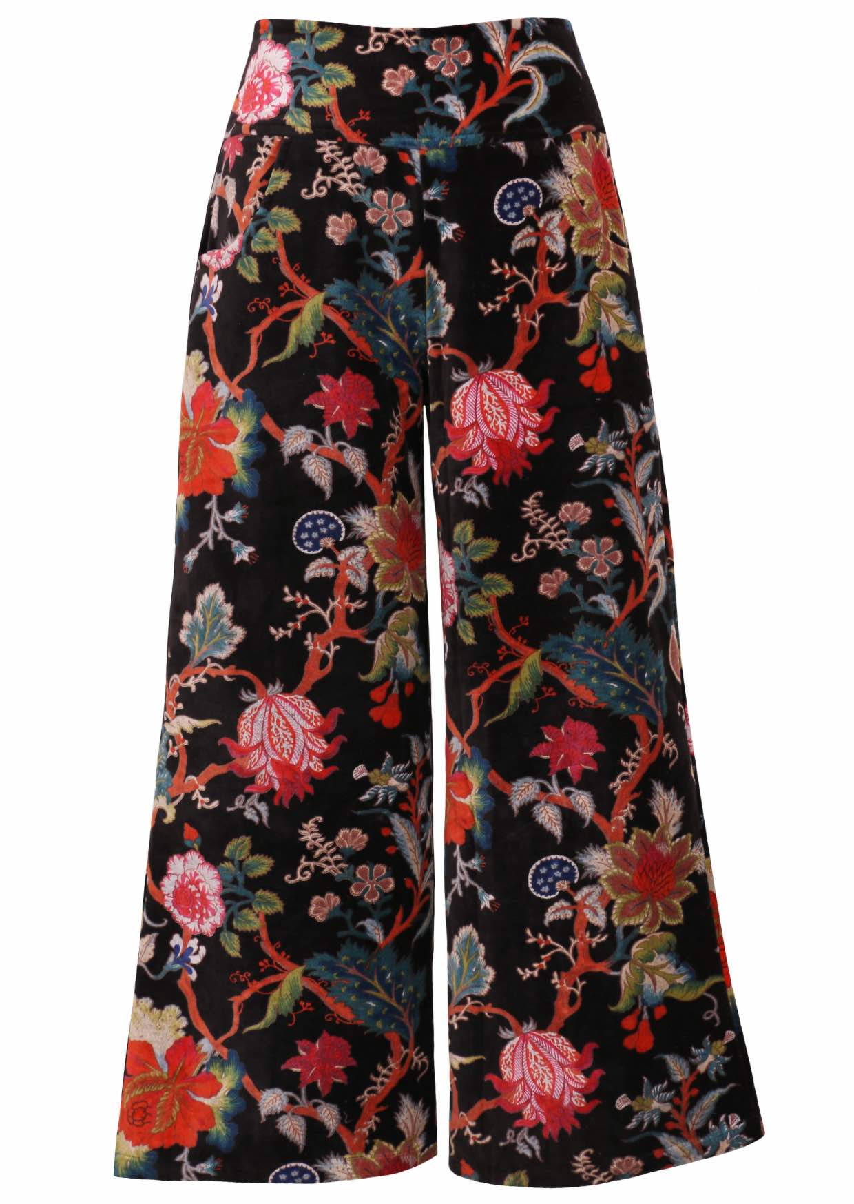 Black based multi-colour floral velvet wide leg full length pants with pockets