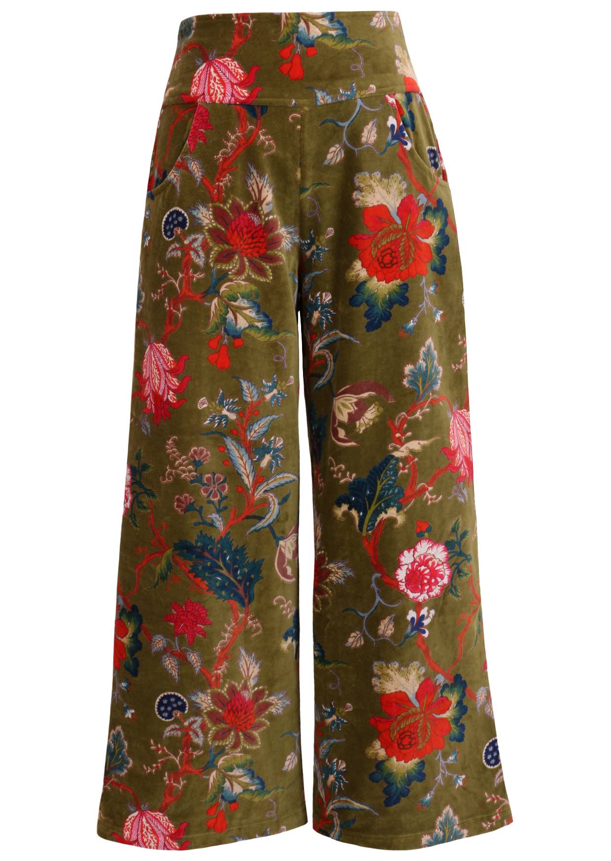 Moss green based multi-colour floral velvet wide leg full length pants with pockets