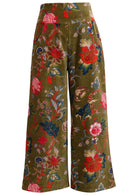 Moss green based multi-colour floral velvet wide leg full length pants with pockets