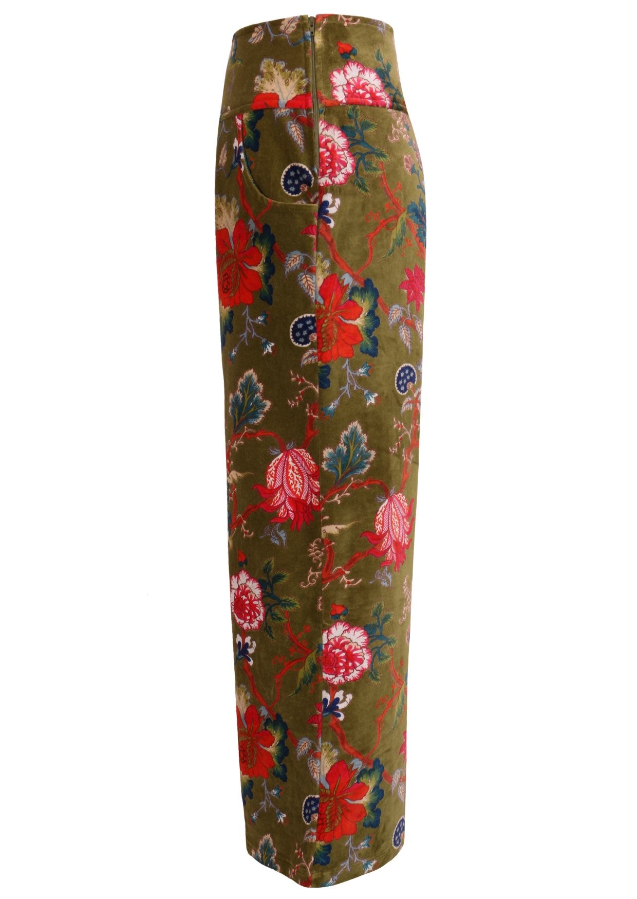 Side view of moss green based multi-colour floral velvet wide leg full length pants with pockets and a side zip