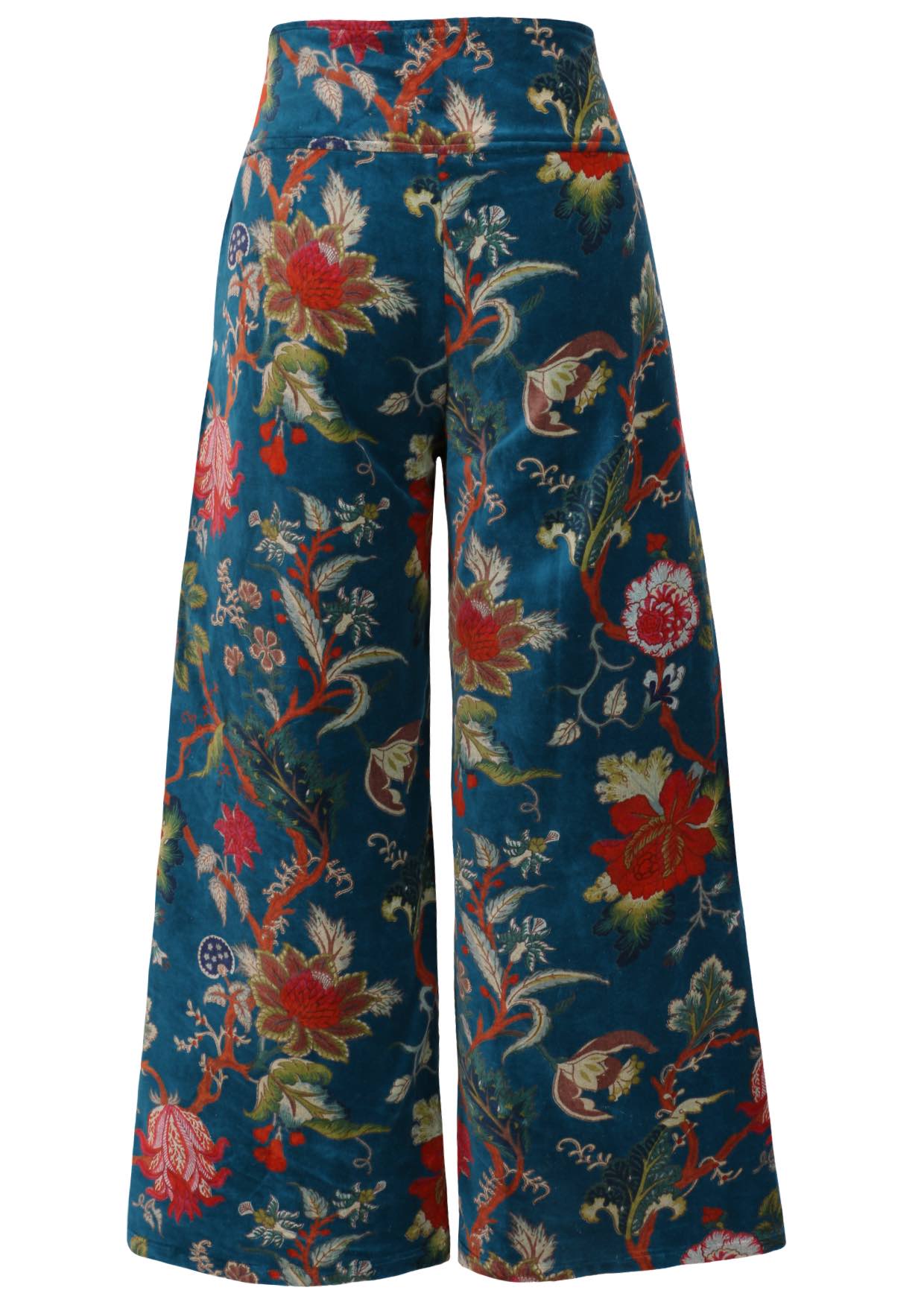 Back view of deep teal based multi-colour floral velvet wide leg full length pants with a wide waistband