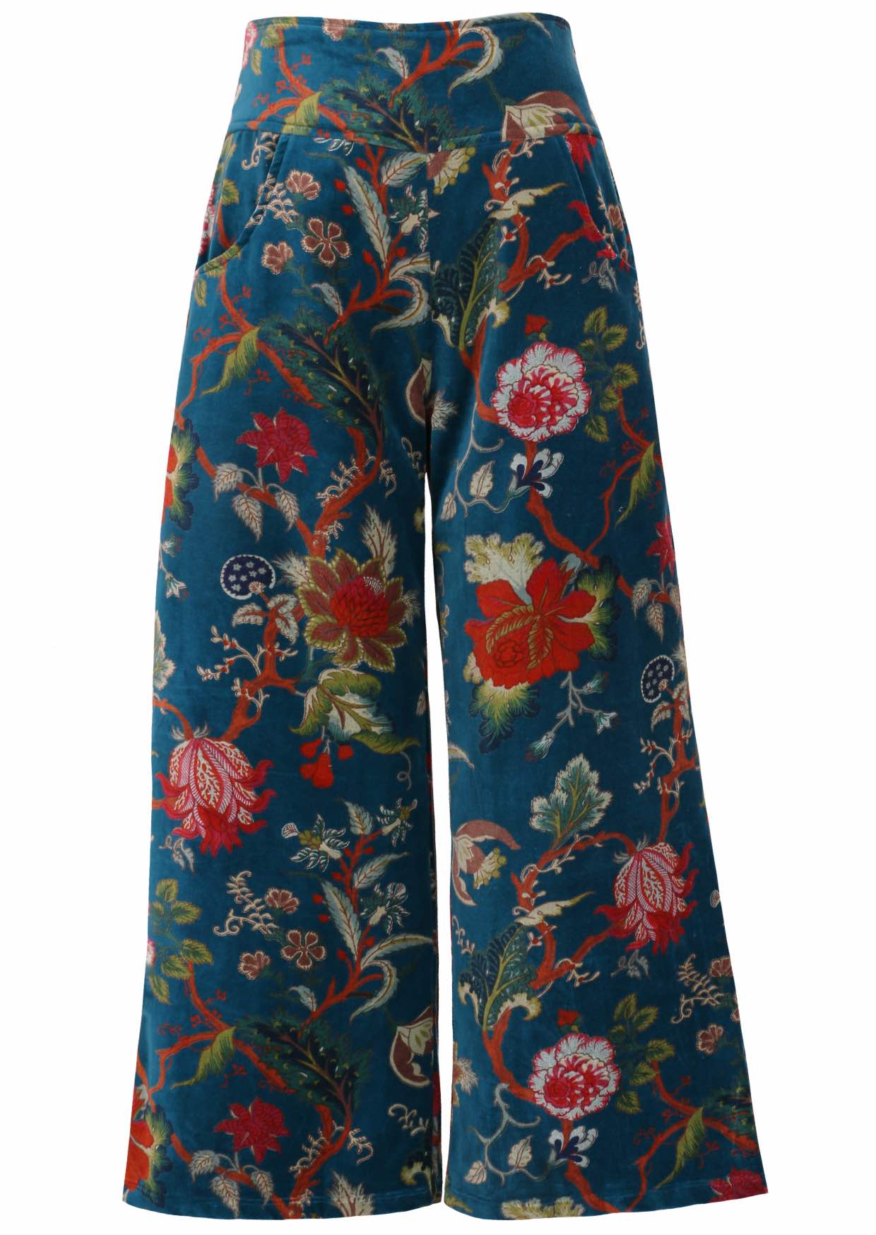 Deep teal based multi-colour floral velvet wide leg full length pants with pockets
