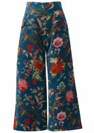 Deep teal based multi-colour floral velvet wide leg full length pants with pockets