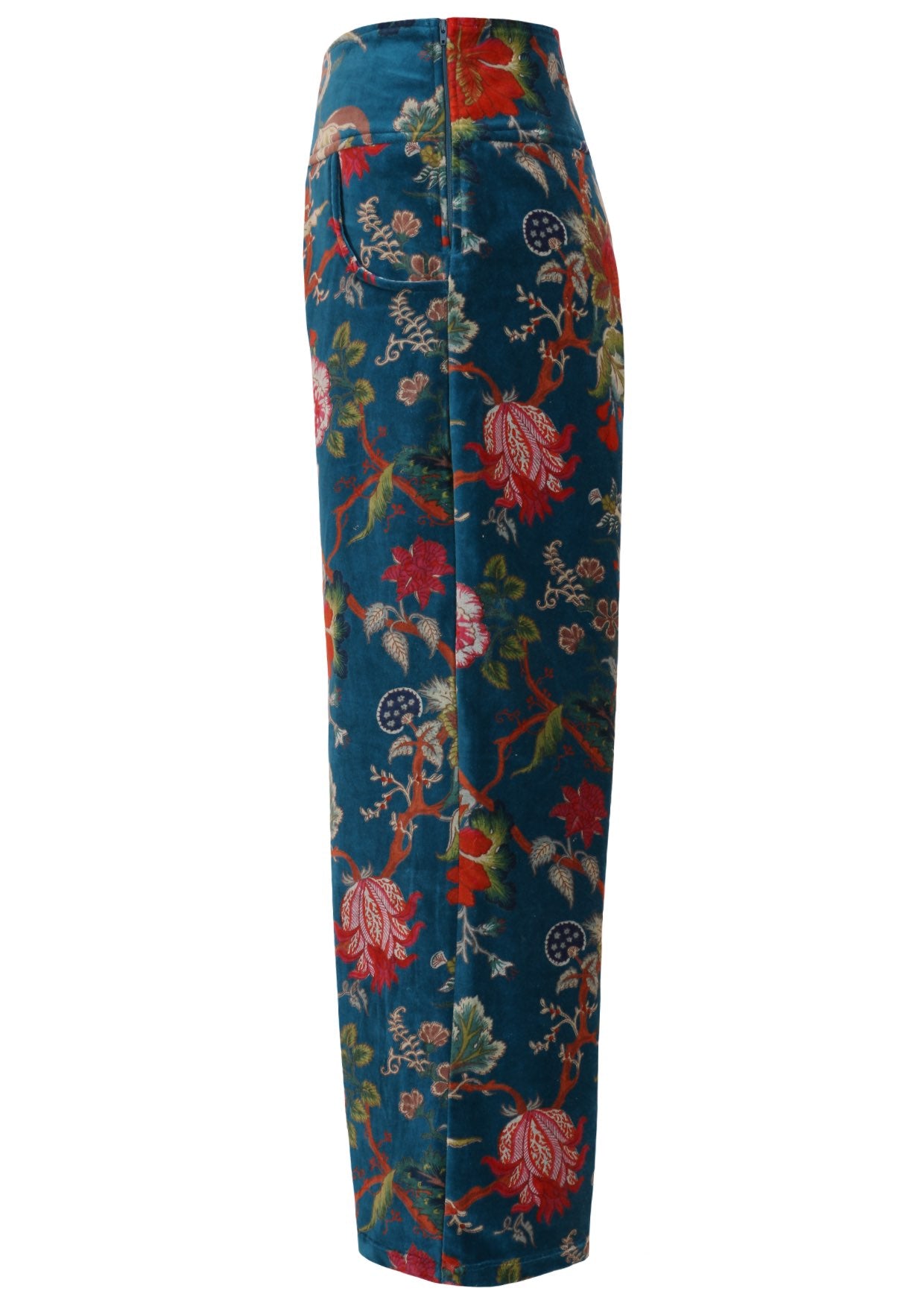 Side view of deep teal based multi-colour floral velvet wide leg full length pants with pockets and a side zip
