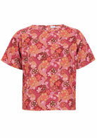 Japanese-style print cotton top in pink, maroon, brown, peach, and khaki tones with round neckline.