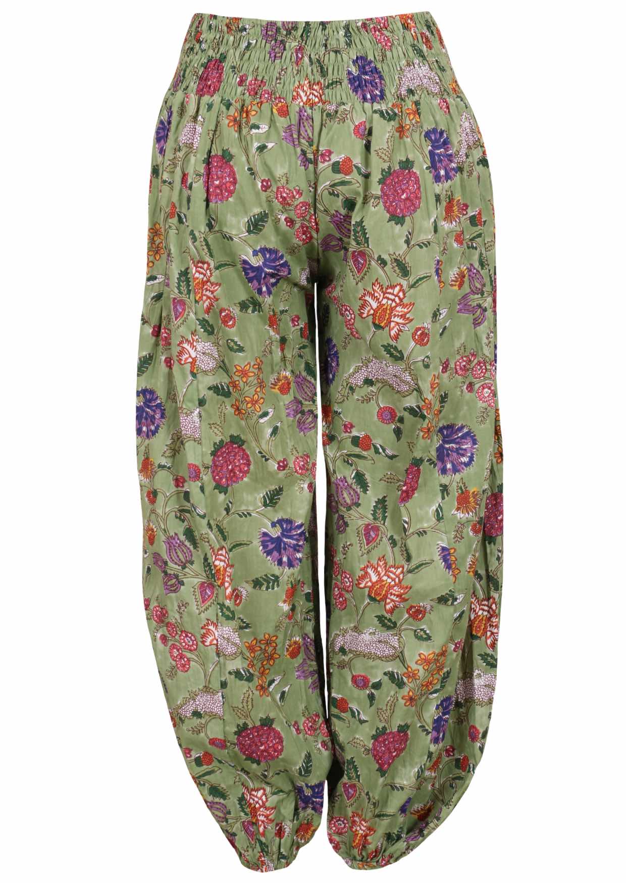 Green based multi-coloured floral print cotton harem pants with elasticated back waistband.