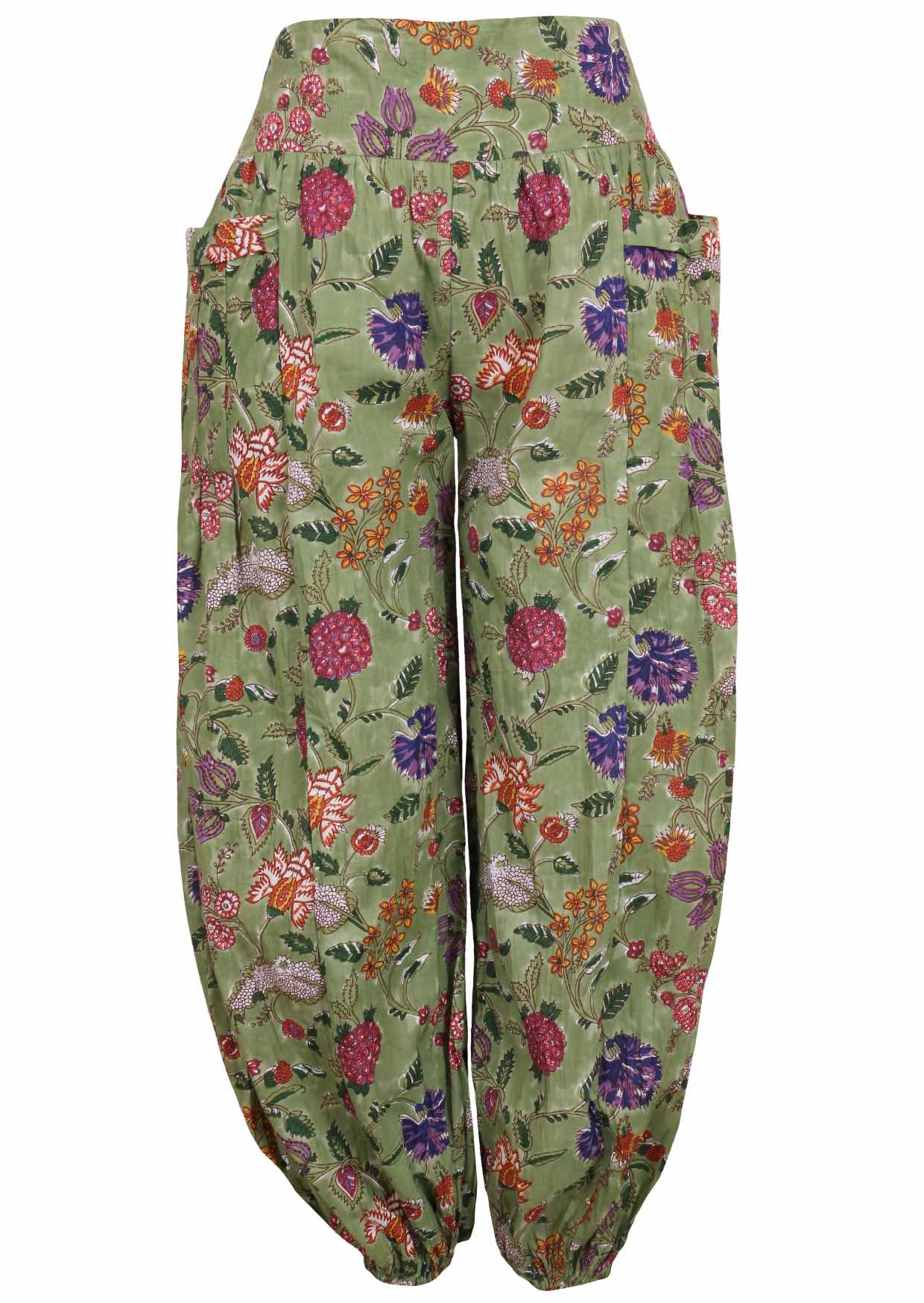 Green based multi-coloured floral print cotton harem pants with buttoned ankles with pockets.