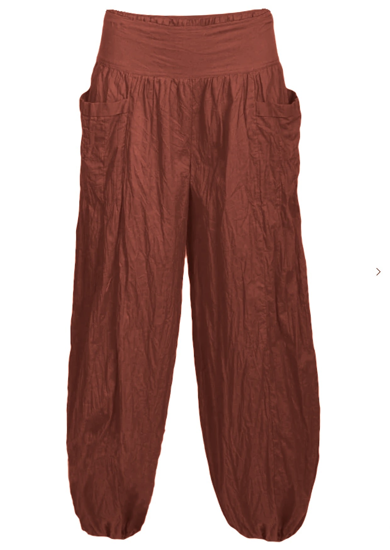 Rust shade loose fit 100% cotton pants with wide flat front waistband and pockets